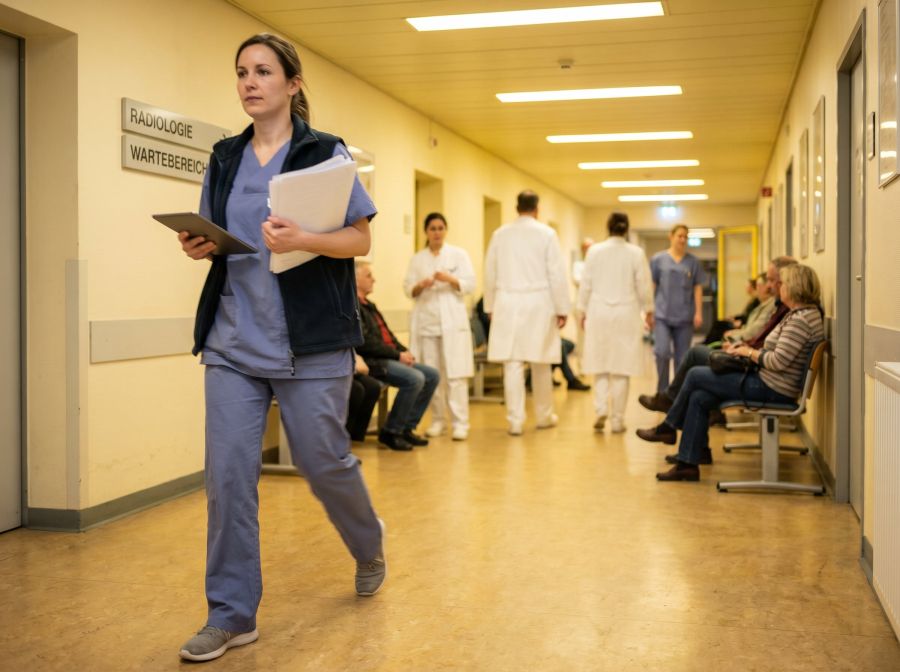 Krankenschwester in blauer Uniform mit Tablet und Dokumenten in einem hell erleuchteten Krankenhaus-Flur, während Patienten und medizinisches Personal im Hintergrund warten