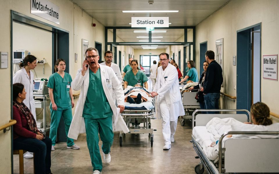 Ärzte und Pflegepersonal in grüner und weißer Kleidung transportieren einen Patienten auf einer Liege durch den Flur einer Klinikstation mit dem Schild "Station 4B